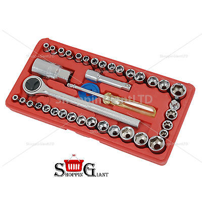 40 Pc Socket Set Economy 1/4" 3/8" Drive Ratchet Adaptor Universal Garage CT1654