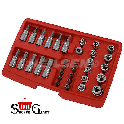 34Pc 3/8" Drive Socket Set 12 E-Type 10 Bits Steel Torx Quality Star Kit CT3630