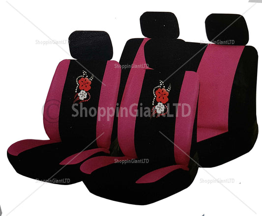 15 PC Girly Pink Flower Petal Car Seat Cover Mat Set Wheel Glove Cover Pads
