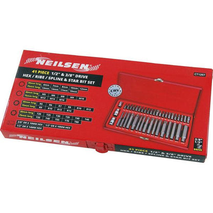 41pc Hex Ribe Spline & Star Bit Set - 3/8 & 1/2 Inch Drive Workshop Kit CT1207