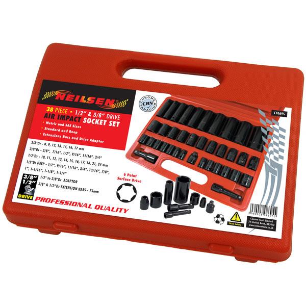 38pc Impact Socket Set 3/8 & 1/2 Drive Deep Metric SAE Heavy Duty Kit CT0695