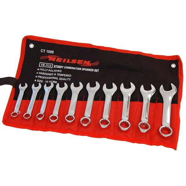 10pc Stubby Combination Spanner Set Metric 10-19mm Satin Finish Kit Pro CT1099