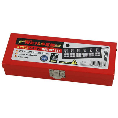 6pc 3/4in Drive Hex Bit Set - Chrome Molybdenum 14mm to 23mm Tools CT1388