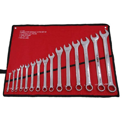 15pc Combi Spanner Set AF Long Pattern 1/4–1-1/4in Chrome Vanadium Plus CT1182