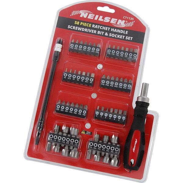 58pc Ratchet Handle Screwdriver Bit & Socket Set - Flexible Extension Kit CT1135