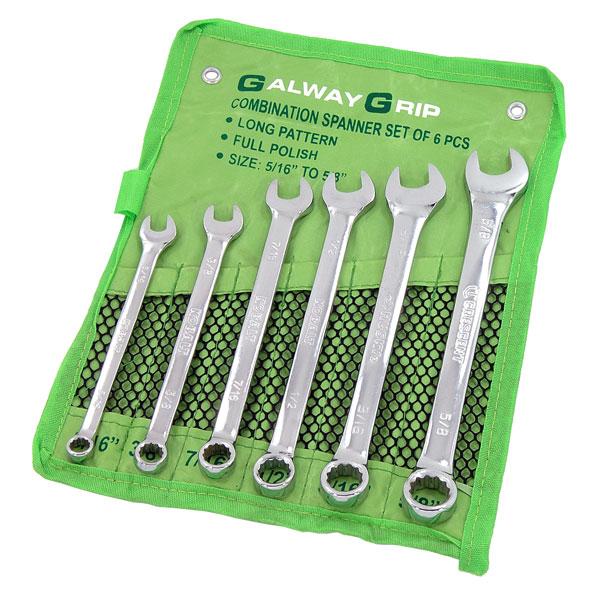 6pc Long Combination Spanner Set Full Polish 5/16 -3/8-7/16-1/2-9/16- 5/8