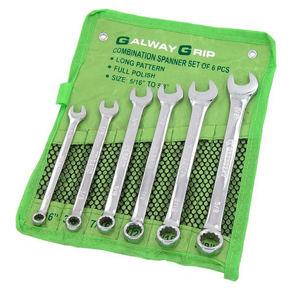 6pc Long Combination Spanner Set Full Polish 5/16 -3/8-7/16-1/2-9/16- 5/8