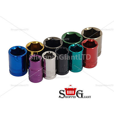 3/8" inch 10 Pieces Socket Shallow Multi-Coloured Socket and Socket Rail CT0907