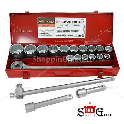 21Pc 3/4" Drive Socket Set Extension Bar Ratchet Tool Industrial Quality CT1376