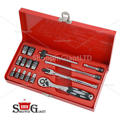 16Pc 1/4" Drive Socket Set Ratchet Wrench Extension Bar Garage Smoos Tool CT1322