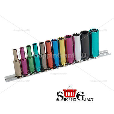 12Pc 1/4" Drive Deep Socket Set Colored Cr-V Garage Multi Color Rail Tool CT0906