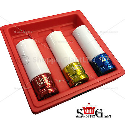 3 Pc 1/2" Drive Sockets Deep Thin Wall Alloy Coloured Cr Mo Wheel Garage CT0920