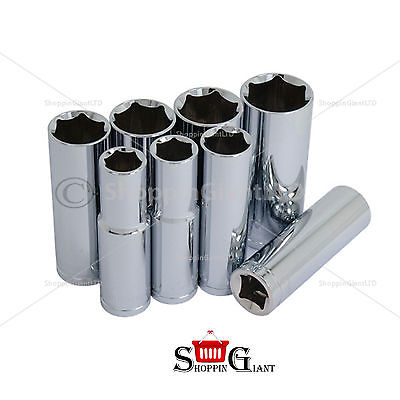 8 Pc 1/2" Drive Socket Set Deep Rail Chrome Vanadium Steel Garage Quality CT0755