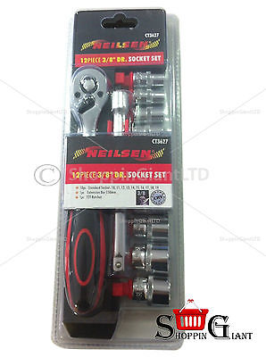 12Pc 3/8" Drive Socket Set Ratchet Extension Bar Quality Garage Spanner CT3627