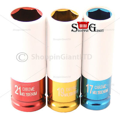3 Pc 1/2" Drive Sockets Deep Thin Wall Alloy Coloured Cr Mo Wheel Garage CT0920