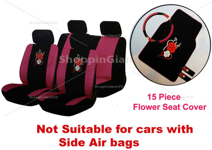 15 PC Girly Pink Flower Petal Car Seat Cover Mat Set Wheel Glove Cover Pads